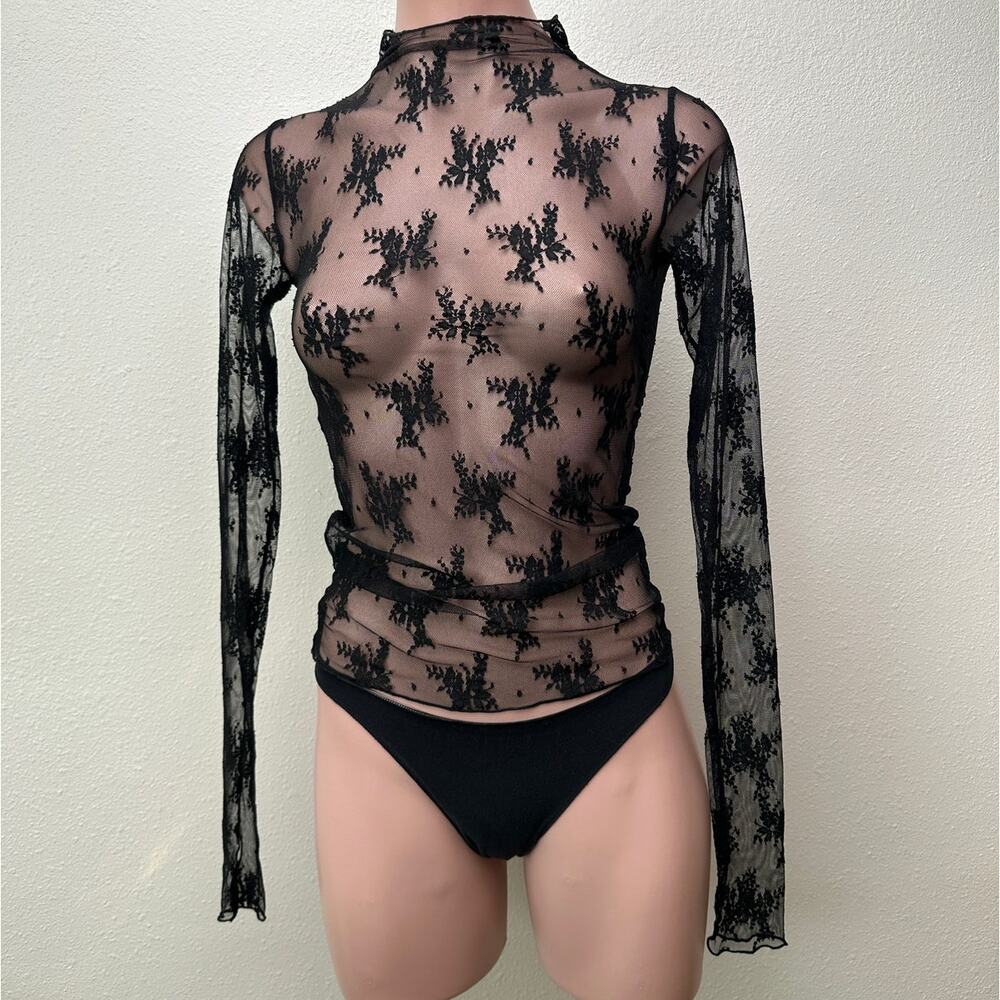 Free People Lady Lux Black Sheer Lace Floral Top XS - Picture 2 of 9